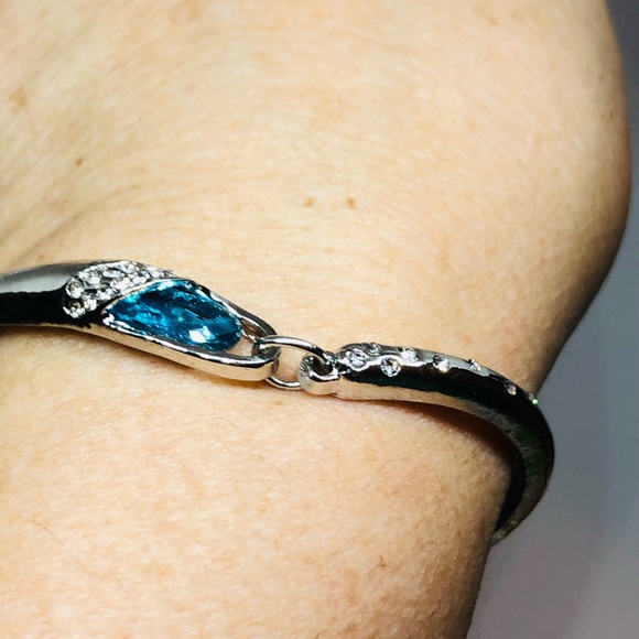 Silver Bangle Bracelet with Blue Topaz CZ - Picture 6 of 7